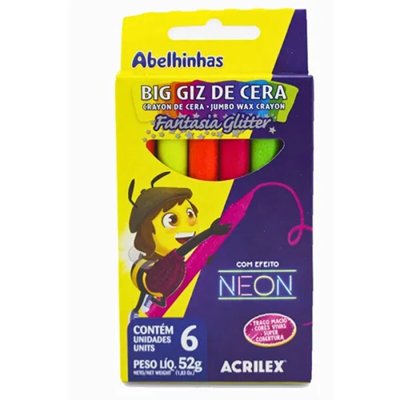 Big Giz de Cera Fantasia Glitter Neon 6 Cores 52g - Acrilex