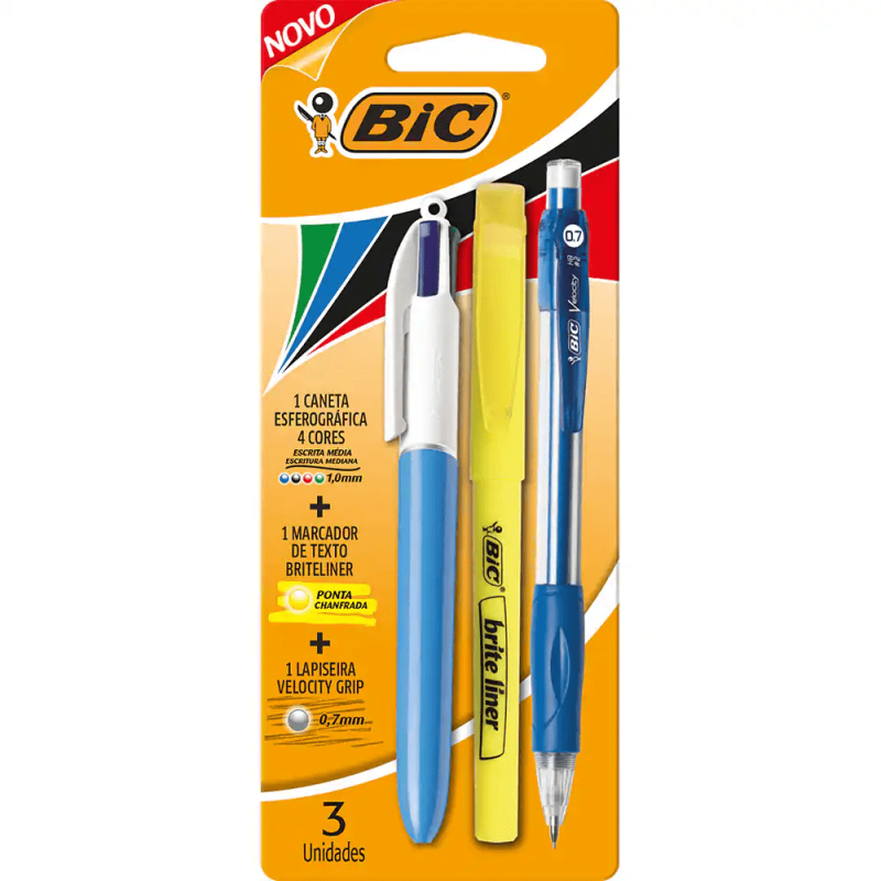 Kit Universidade Caneta Retrátil 4 Cores + Marca Texto + Lapiseira - Bic