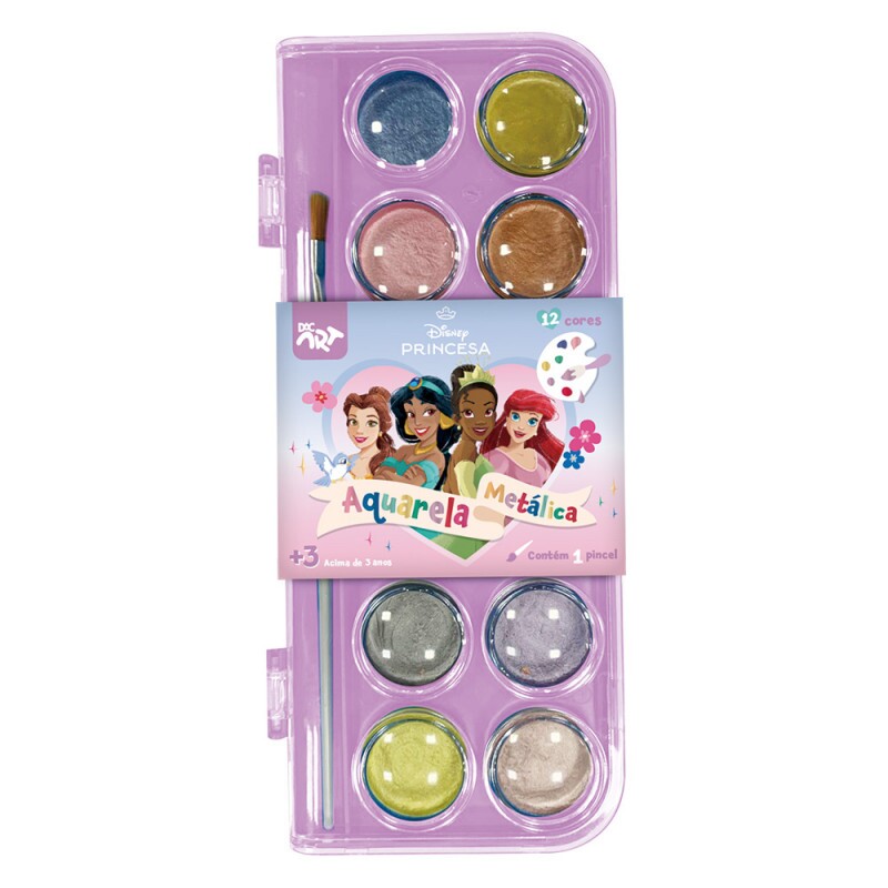 Aquarela 12 Cores Metálicas c/Pincel Princesas - Dac Aquarela 12 Cores Metálicas c/Pincel Princesas - Dac