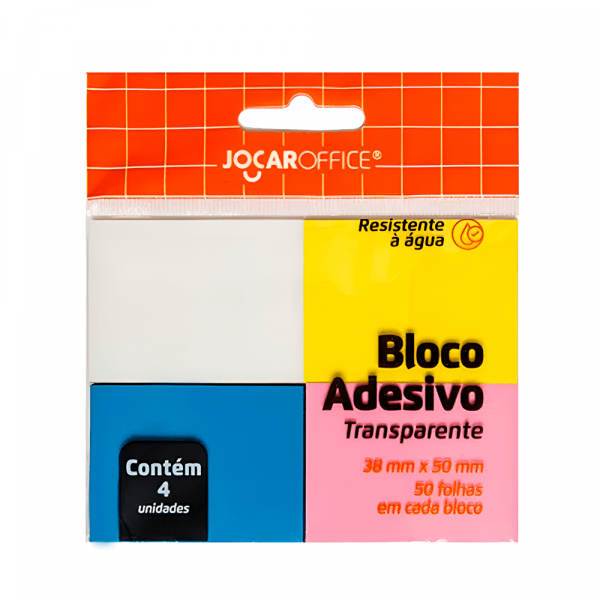 Bloco Adesivo Colorido Transparente 4 Unidades 38mmx50mm - Jocar Office Bloco Adesivo Colorido Transparente 4 Unidades 38mmx50mm - Jocar Office