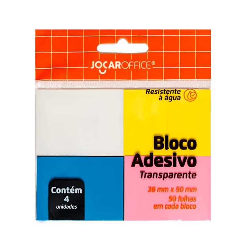 Bloco Adesivo Colorido Transparente 4 Unidades 38mmx50mm - Jocar Office Bloco Adesivo Colorido Transparente 4 Unidades 38mmx50mm - Jocar Office