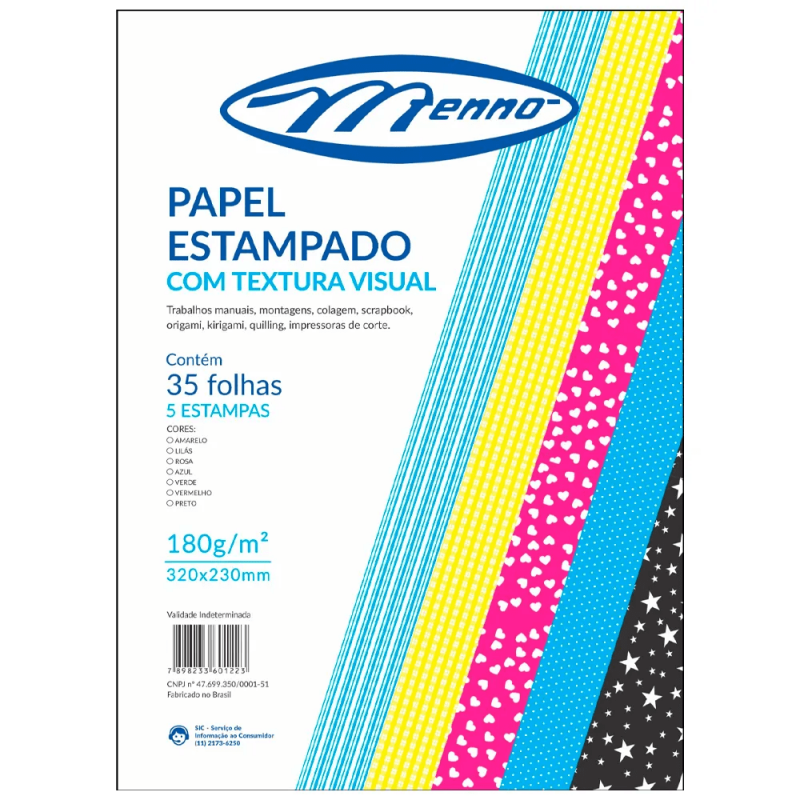 Papel Estampado c/Textura Visual A4+ 180g 7 Cores 5 Estampas c/35 Folhas - Menno