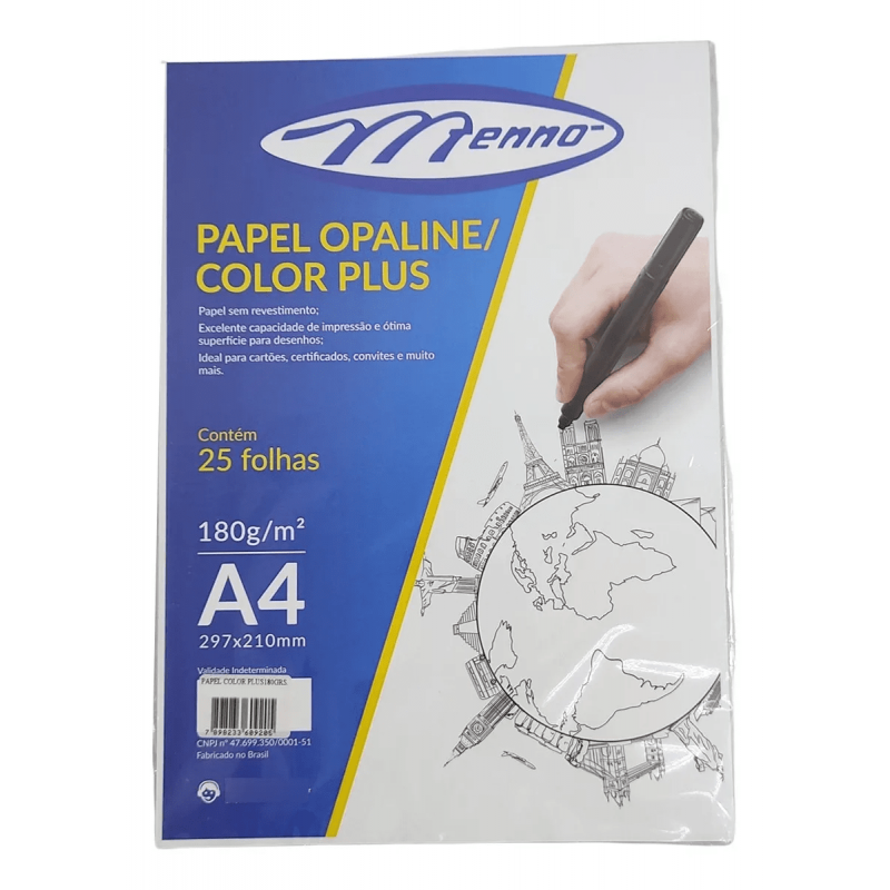 Papel Opaline/Color Plus Branco A4 180g c/25 Folhas - Menno Papel Opaline/Color Plus Branco A4 180g c/25 Folhas - Menno