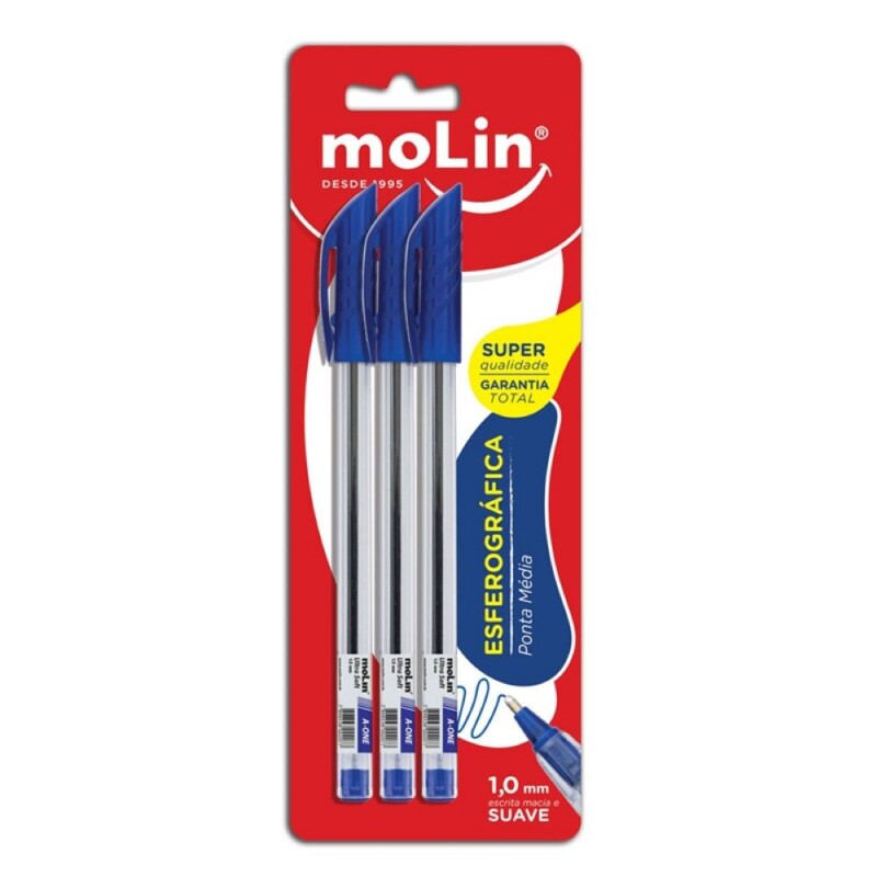 Caneta Esferografica Com 3 Azul Molin