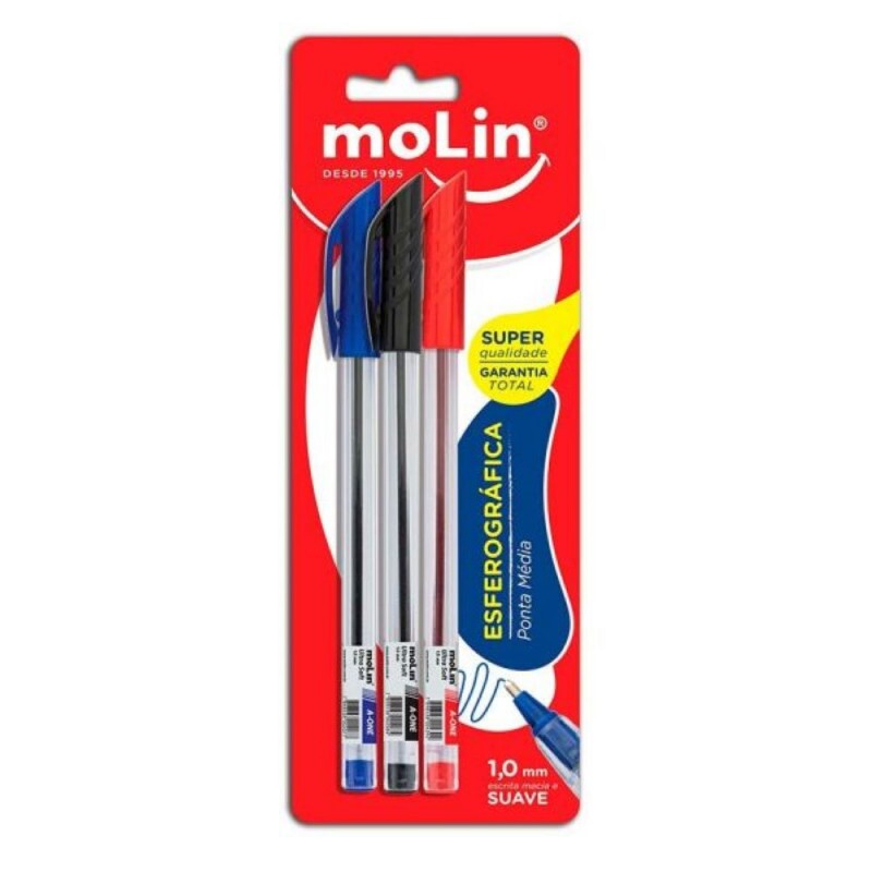 Caneta Esferografica Com 3 Azul Preta Vermelha Molin