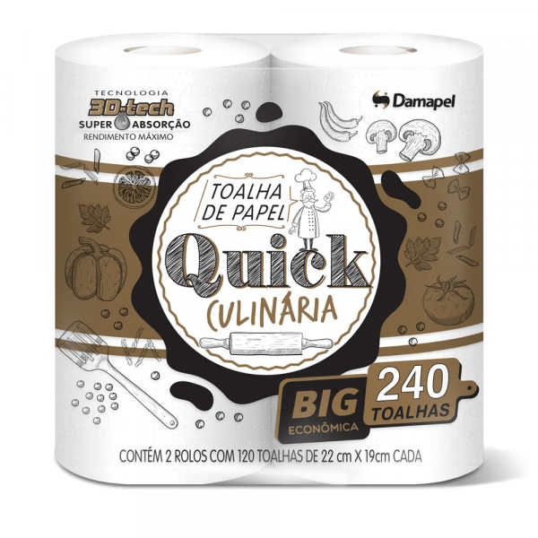 Toalha de Papel Culinária Folha Dupla 2 Rolos c/240 Toalhas - Quick