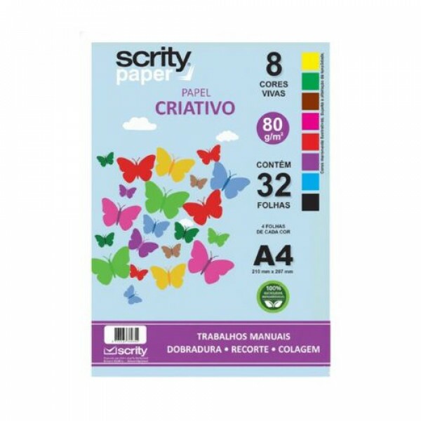 Papel Criativo A4 80g 8 Cores c/32 Folhas - Scrity