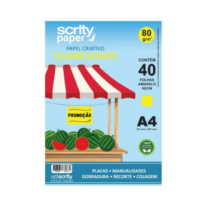 Papel Criativo Fluorescente A4 80g Amarelo Neon c/40 Folhas - Scrity Papel Criativo Fluorescente A4 80g Amarelo Neon c/40 Folhas - Scrity