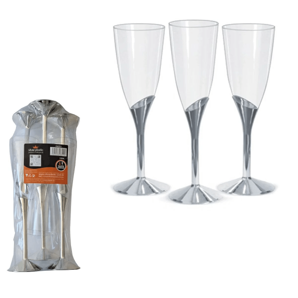 Taça de Champagne Base Prata 150ml c/6 Unidades - Silver Plastic