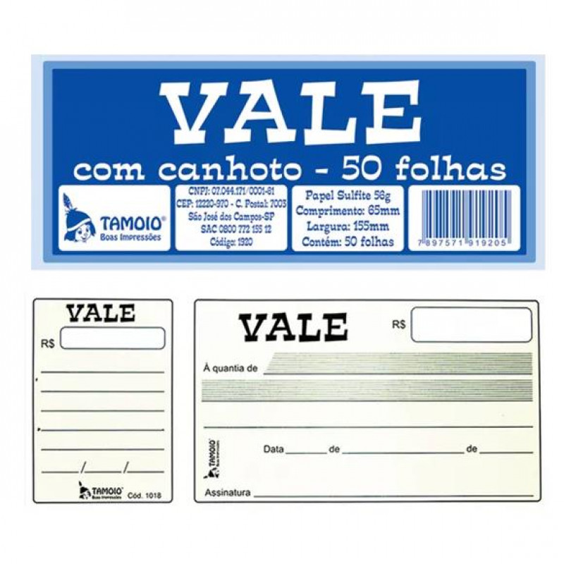 Vale com Canhoto 56g 155x65mm c/100 Folhas - Tamoio
