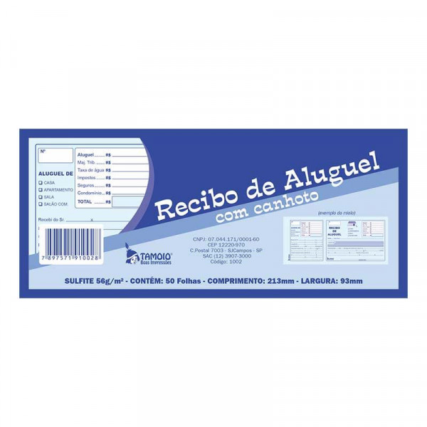 Recibo de Aluguel com Canhoto 56g 213x93mm c/50 Folhas - Tamoio