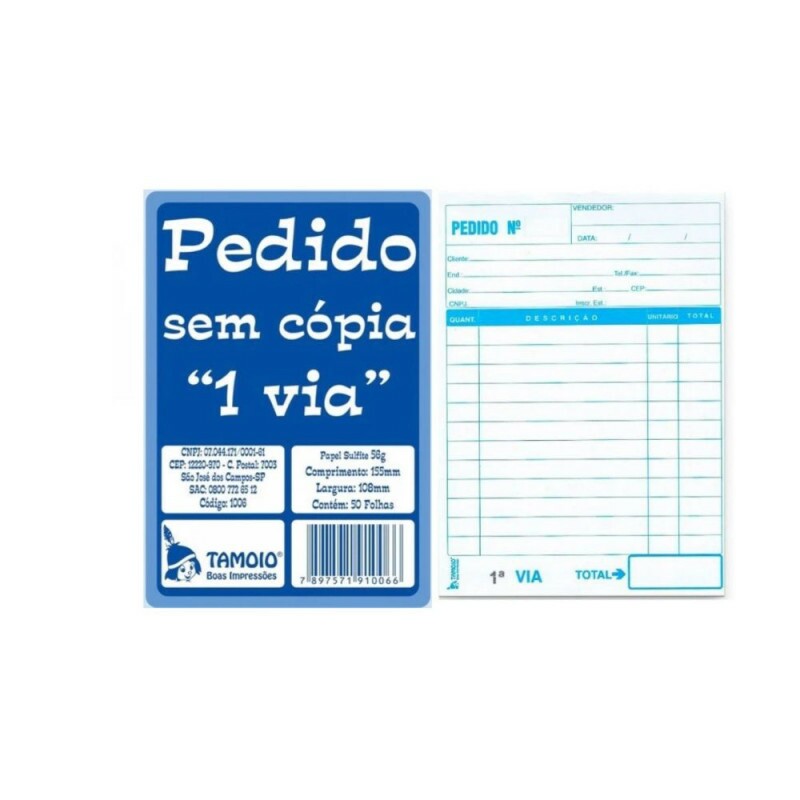 Pedido 1 Via 1/36 Com Canhoto 50 Folhas Tamoio
