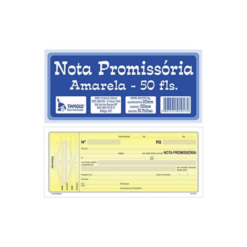 Nota Promissoria Amarela Com 50 Folhas Tamoio