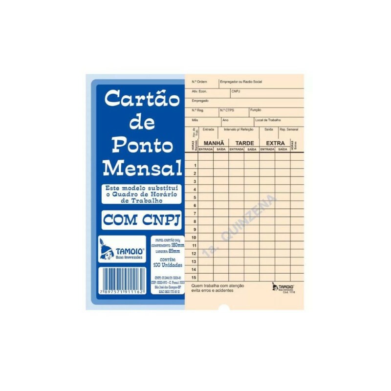 Cartao De Ponto Mensal Com Cnpj 100 Folhas Tamoio