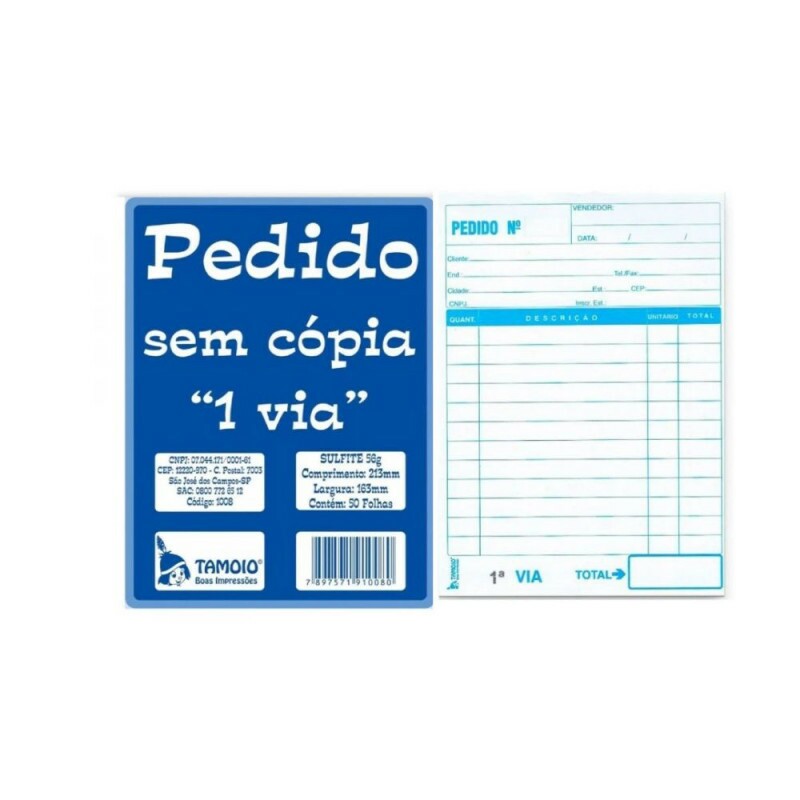 Pedido 1 Via 1/18 Com Canhoto 50 Folhas Tamoio