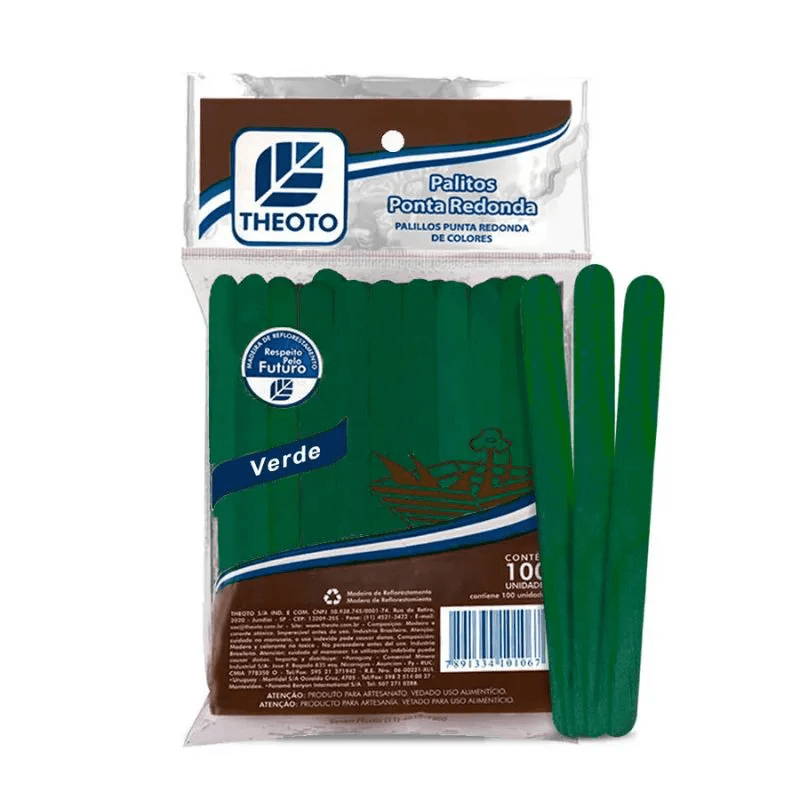 Palito de Sorvete Ponta Redonda Verde 100 Unidades - Theoto
