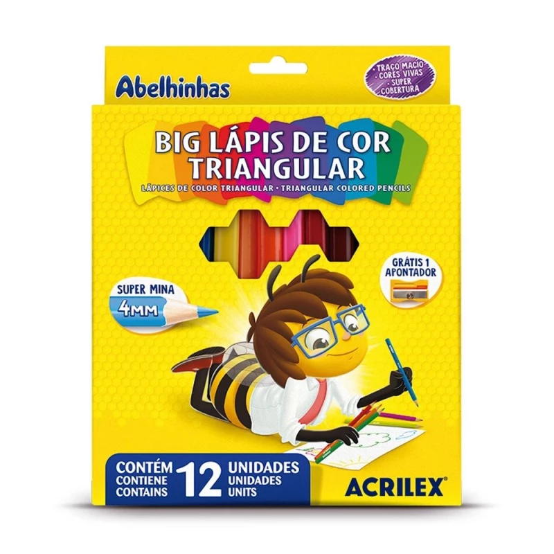 Big Lapis De Cor Triangular Com 12 Cores Com Apontador Gratis Acrilex