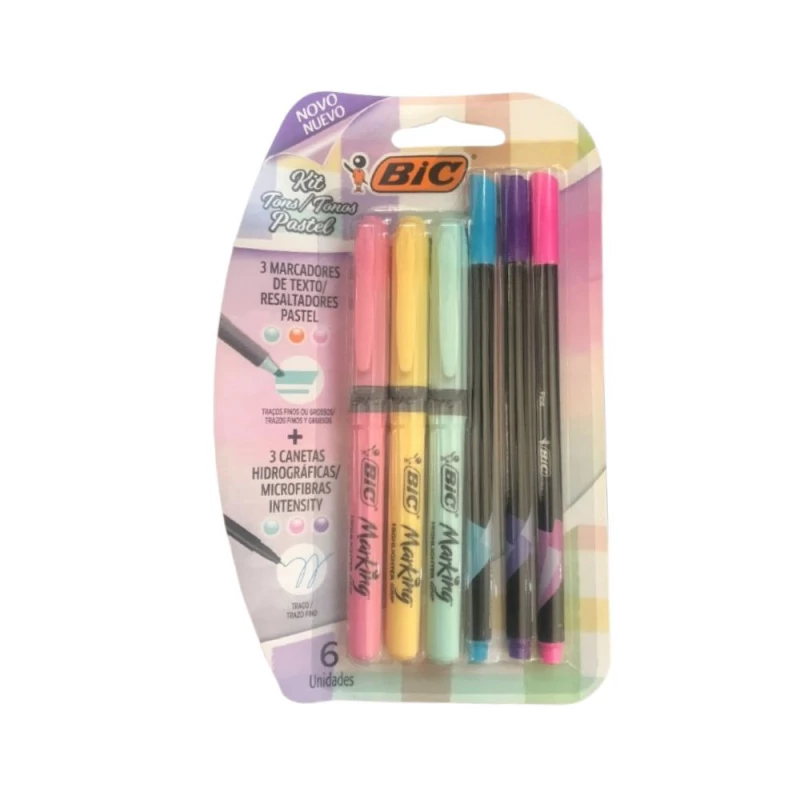 Kit 3 Marcadores De Texto Pastel E 3 Canetas Intensity Bic