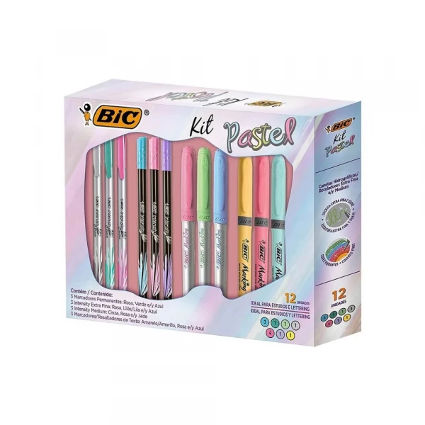 Kit Pastel Canetas e Marcadores Com 12 Unidades Bic