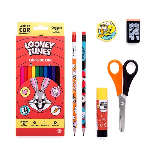 Kit Escolar Looney Tunes Com 7 Itens Leo & Leo