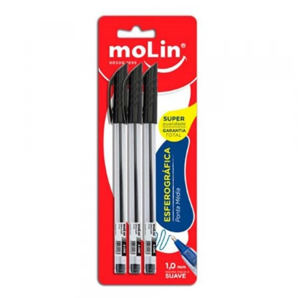 Caneta Esferografica Com 3 Preta Molin