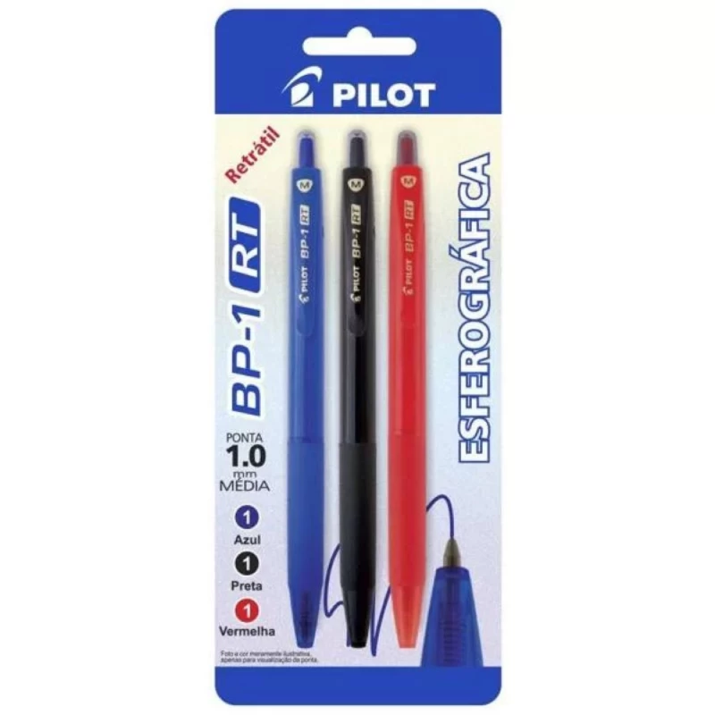 Caneta Esferografica Bp1 Com 3 Azul Vermelho Preto Pilot